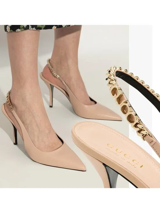 GUCCI SHOES SIGNORIA LEATHER w LOGO CHAIN SLINGBACK PUMPS sz 38.5 8.5 - Picture 1 of 16